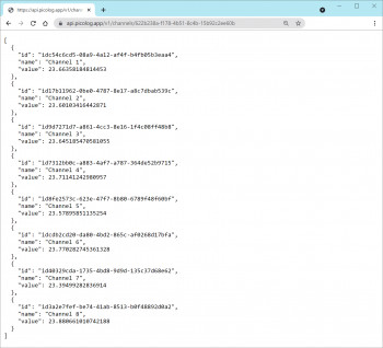 显示浏览器窗口的屏幕截图，显示 PicoLog Cloud API 的输出数据